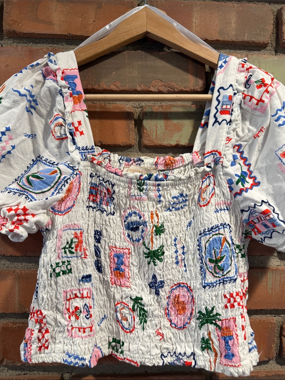 Monteau White Smocked Crop Top with Multicolor Embroidery